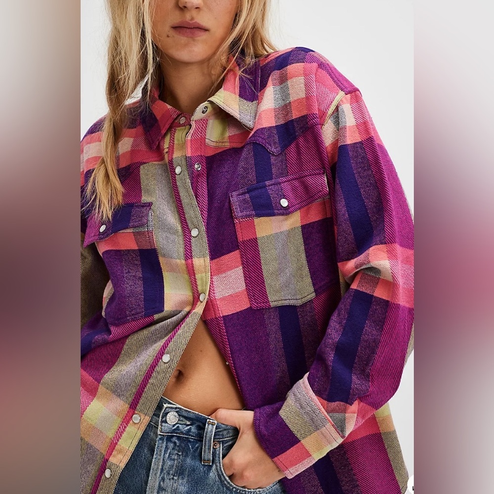 New Free People ‘We The Free’ Hideaway Plaid Cargo Shirt, Pink Combo Sz XS